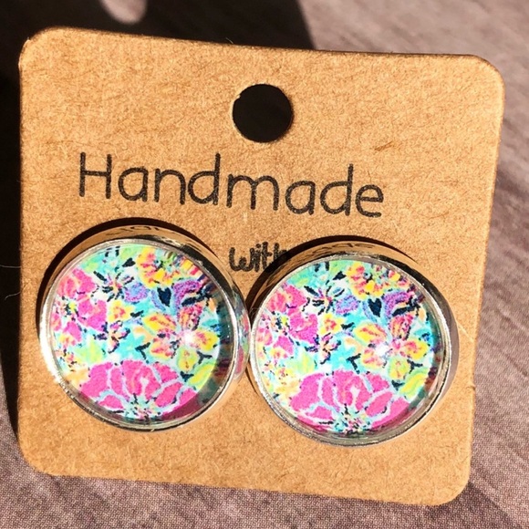 Cabana Bright Pink Floral Silver Stud Earrings - Picture 6 of 14